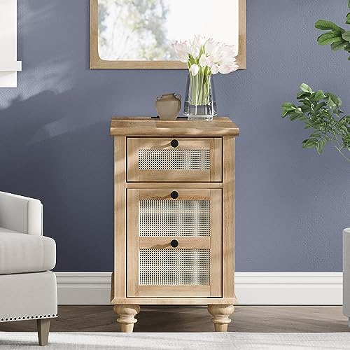 WAMPAT Farmhouse End Table with Charging Station, Rattan Side Table, Oak