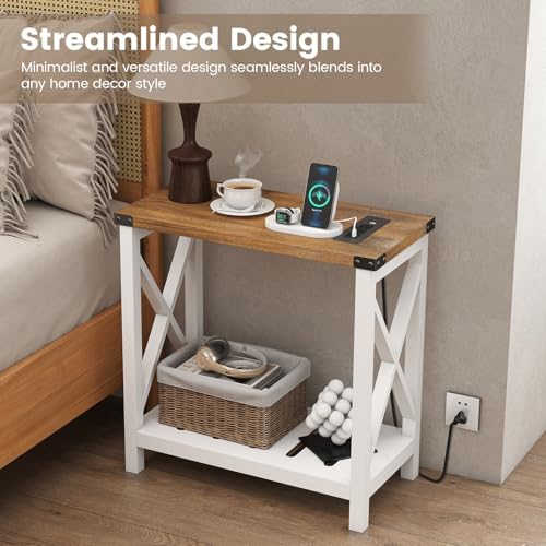 Hadulcet Farmhouse End Tables Living Room Set of 2, Narrow Side Table with Charging Station, Slim Nightstand for Small Space, Skinny Bedside Table, Sofa Side Table with Storage Shelf, White & Brown