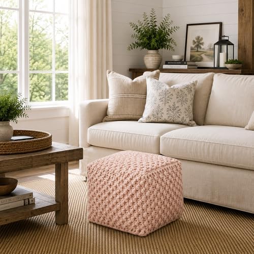 Casafield Square Pouf Ottoman, Light Pink 18.5" W x 18.5" D x 14.5" H Cotton Knit Foot Stool - Boho Floor Pouffe for Living Room, Bedroom, Home Office
