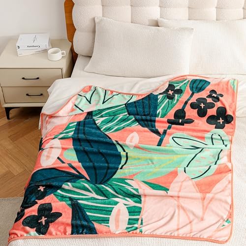 Tyrot Boho Floral Flannel Fleece Queen Blanket – Soft, Warm & Lightweight Fuzzy Blanket for Couch, Bed, or Sofa Decor, Cute Botanical Design Throw for Women & Girls, 90''x90', Coral