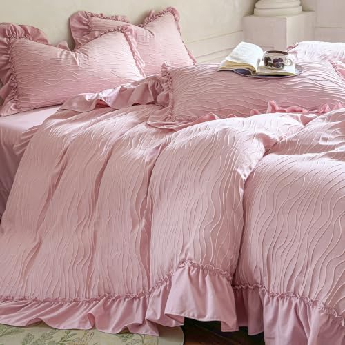 French Chic Ruffled Duvet Cover Full Size Pink Wavy Jacquard Bedding Set 3 Pieces, Microfiber Zipper Comforter Cover and 2 Pillowcases Aesthetic Retro Girls Women Bedding Duvet Cover for All Seasons