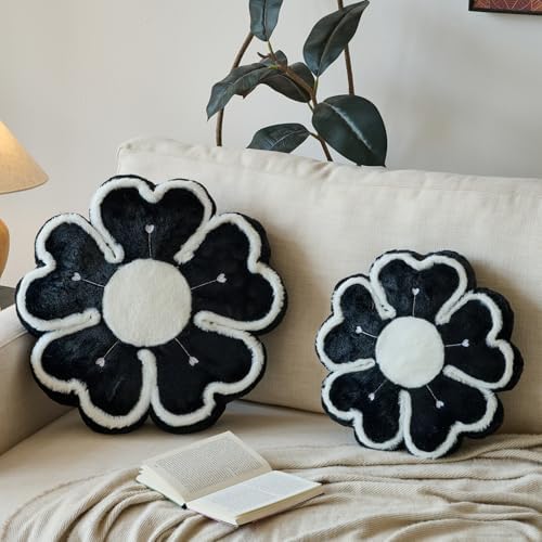 Flower Shaped Decorative Throw Pillow Cushion for Bed Couch, Cute Flower Plush Throw Pillows Home Decor Floor Pillow Seating Cushions (Black, 13.7 Inches)