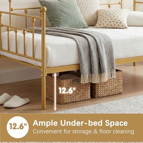 VECELO Twin Size Daybed Frame Metal Steel Slat Support with Headboard Sofa Bed Platform for Living Room, Guest Room, Easy Assembly, Gold