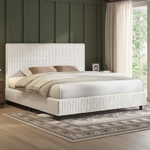 AMERLIFE Upholstered Bed Frame, Metal Bed with Headboard, Full Cream
