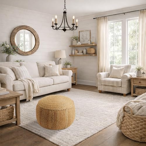 Casafield Braided Jute Pouf, Large Round Pouf Ottoman, 22" W x 22" D x 14" H Woven Jute Footrest, Decorative Indoor Boho Home Accent for Living Room