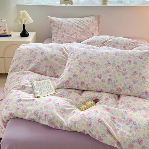 100% Cotton Purple Floral Duvet Cover Twin Size 2 Layer Muslin Comforter Cover Set for Teen Girls Women,Cute Bedding Set 3 Pieces,Includes 1 Duvet Cover& 2 Pillowcases