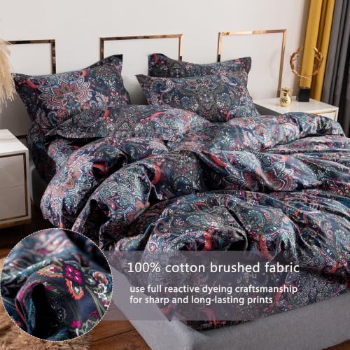 Retro Paisley Duvet Cover Queen Size Boho Damask Duvet Cover Sets 100% Brushed Cotton Bedding Set,1 Duvet Cover and 2 Pillow Shams for All Seasons-Stormy Blue