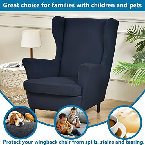 HZDHCLH Wingback Chair Slipcovers 2 Piece,Stretch Spandex Wingback Chair Covers for Living Room Armchair,Washalbe Sofa Slipovers (Navy Blue)