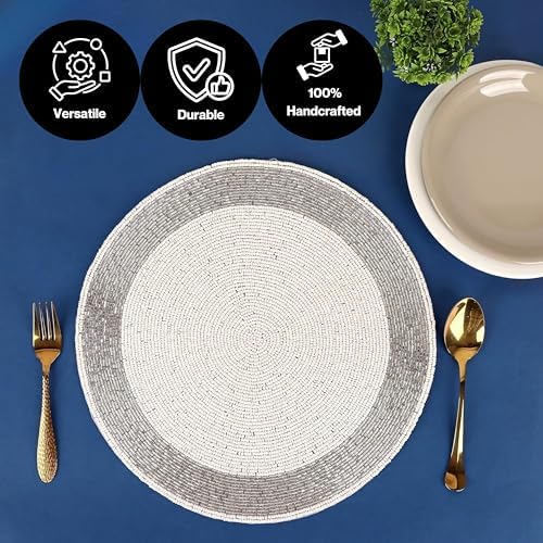 ALPHA Living HOME Beaded Placemats Set of 4 13 Inch Silver White Round Mats
