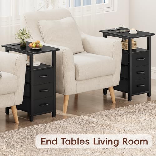 Vagusicc Black End Table with Charging Station Set of 2, Narrow Side Table, Narrow Nightstand with 3 Fabric Drawers, Slim Sofa Side Table for Small Spaces, Small Night Stand for Bedroom, Black