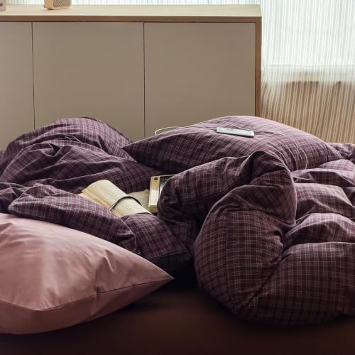 mixinni Vintage Burgundy Grid Duvet Cover Set King Size - 3 Piece Washed Cotton Bedding Set, Retro Buffalo Plaid Duvet Cover with Pillowcases, Mid Century Modern Bedding for All Seasons