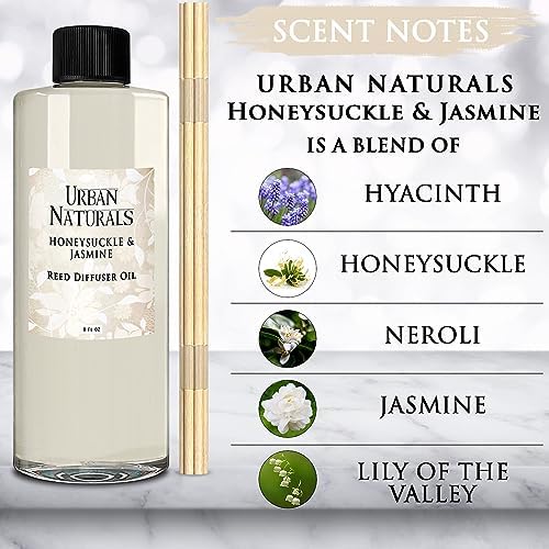 Urban Naturals Reed Diffuser Oil Refill Honeysuckle Jasmine with Hyacinth, Cassis, Neroli, Rose, Iris, Lily of the Valley 8 oz + Free Reed Sticks, Made in the USA