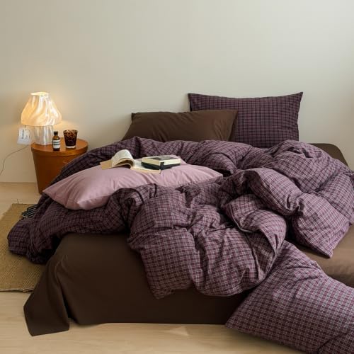 mixinni Vintage Burgundy Grid Duvet Cover Set King Size - 3 Piece Washed Cotton Bedding Set, Retro Buffalo Plaid Duvet Cover with Pillowcases, Mid Century Modern Bedding for All Seasons