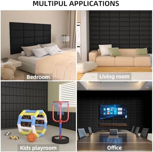 Peel and Stick Headboard Black Upholstered Wall Panels, 6 Panels Sized 7.8" x 15.7", 3D Anti-Collision Soundproof Self-Adhesive Wall Panel for Bedroom