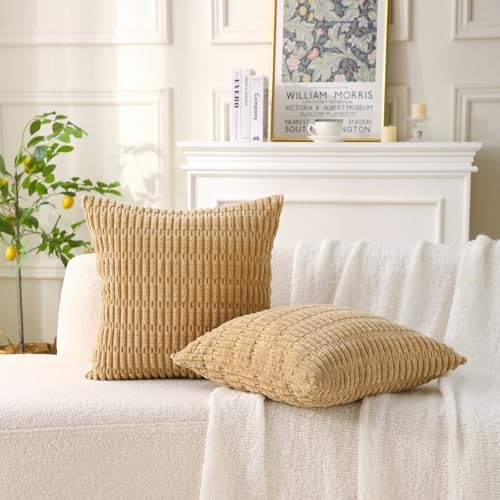 2 Pack Corduroy Decorative Throw Pillow with Inserts, 20x20 Inch Soft Boho Throw Pillow, Square Striped Throw Pillows for Couch, Bed, Sofa Decor (Golden Brown)