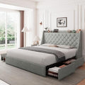 Feonase King Size Bed Frame with 4 Storage Drawers, Storage Bed with Charging Station, Tufted Wingback Headboard, No Box Spring Needed, Light Grey