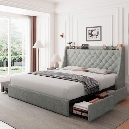 Feonase King Size Bed Frame with 4 Storage Drawers, Storage Bed with Charging Station, Tufted Wingback Headboard, No Box Spring Needed, Light Grey