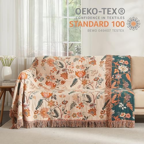 Boho Throw Blanket for Bed 90”x98”, 100% Cotton Blanket for Couch Sofa