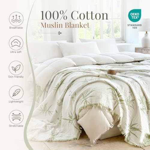 Simple&Opulence Cotton Muslin Blanket Queen Size 90"x90", Reversible Yarn-Dyed Vintage Green Floral Jacquard, 3-Layer Gauze with Tassels, Soft Lightweight Breathable All-Season Bedspread for Bed Couch