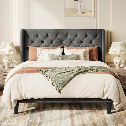 SHA CERLIN Queen Upholstered Bed Frame, Button Tufted Design, Dark Grey