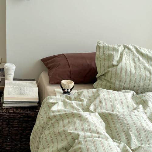 AOJIM Green & Russet‑Red Striped Duvet Cover Twin XL 3Pcs Vintage Bedding