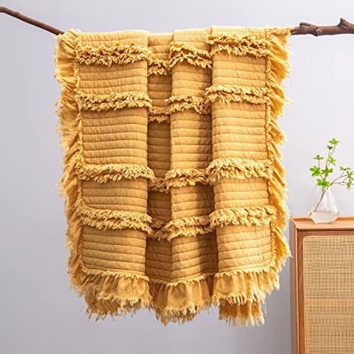 Ultra Soft Pre-Washed Warm Quilted Throw Blanket, Ruffle Fringed Yellow Boho Decorative Throw, Stone Washed Chic Rustic Blanket for Sofa Couch Bed Chair, 50"x 60"