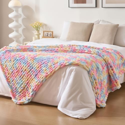 Bigacogo Chunky Knit Throw Blanket for Couch, 51x63 inches, Pink Blue Mix