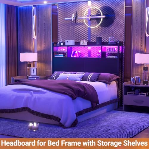 Aheaplus Headboard for Full Size Bed with Storage and Outlets, Black
