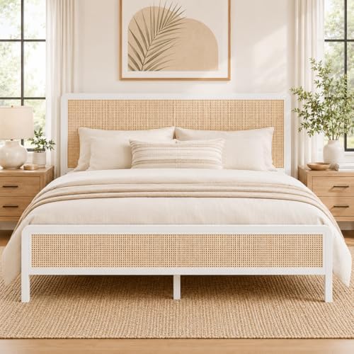IMMERSTABLE Rattan Queen Bed Frame with Headboard, Boho Queen Metal Platform Bed Frame with Steel Slats, Under Bed Storage, Rounded Corners, No Box Spring Needed, Quiet Design, Easy Assembly, White