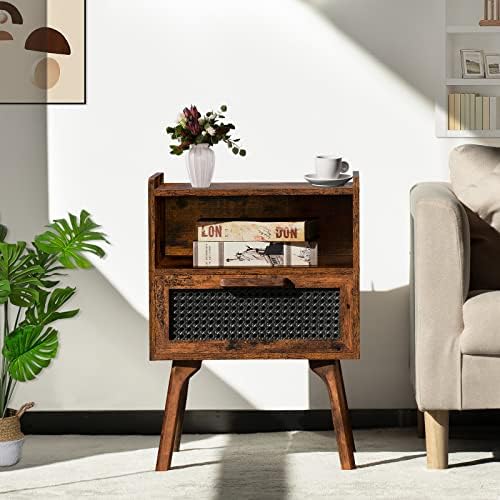 Lerliuo Rattan Nightstand, Boho Side Table with Drawer Open Shelf