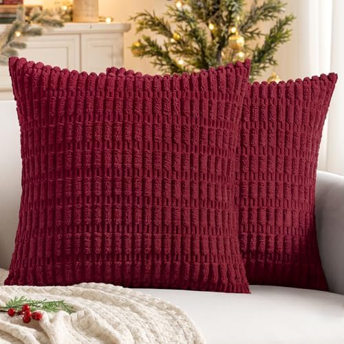 MIULEE Christmas Corduroy Decorative Pillow Covers 16x16 Burgundy Pack of 2