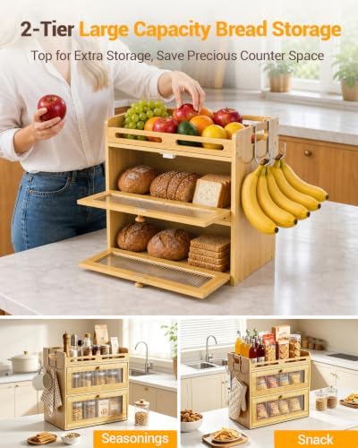 Bread Box for Kitchen Countertop, 2-Tier Bamboo Storage with Top Shelf