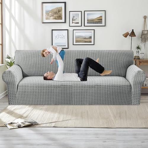 MAXIJIN Stretch Extra Large Couch Cover Sofa Covers (91"-110" Oversized Sofa Slipcovers with Non-Slip Foam & Elastic Strap, Dog Cat Pet Friendly Furniture Protector (X-Large, Light Gray)