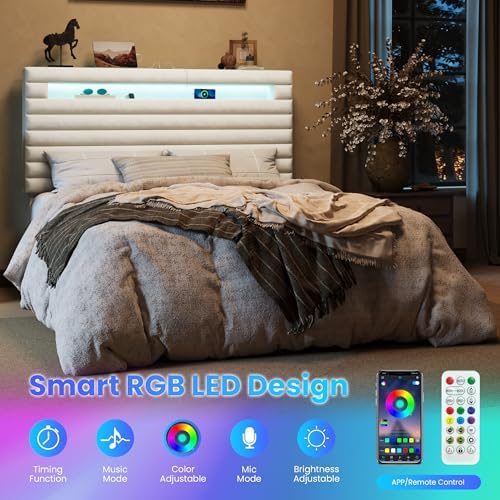 SHA CERLIN Full Bed Frame with LED Light & 2-Tier Storage Shelf, White