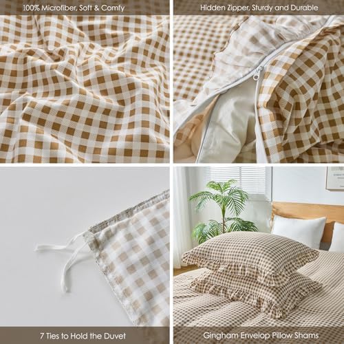 Gingham Duvet Cover King Size, 3 Pieces Soft Breathable Microfiber Plaid Duvet Cover with Zipper Closure & 2 Pillow Shams, Ruffle Farmhouse Vintage Decor, Taupe