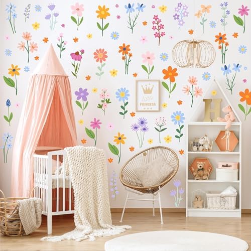 Floral Wall Decals - 102 Pcs Peel and Stick Vinyl Flower Stickers - Assorted Varieties & Colors for Bedroom, Kids’ Rooms, Nursery, or Living Room Decor