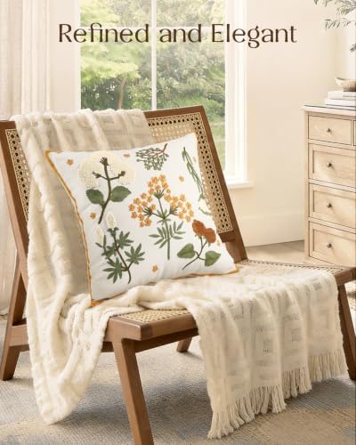 Embroidered Floral Throw Pillow Cover 18x18 Inch, Meadow Flower