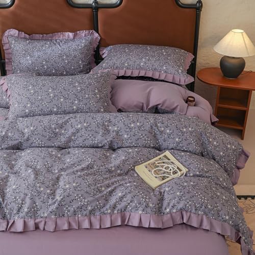 Girls Flower Duvet Cover Set 100% Cotton Queen(90"x90"),Ruffled Purple