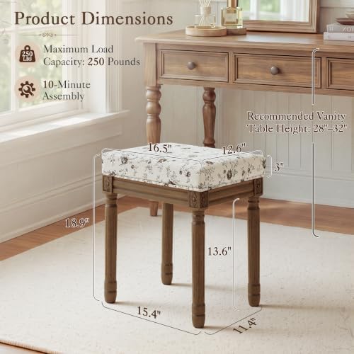 LUE BONA Vintage French Vanity Bench Stool, Upholstered Floral Makeup Chair