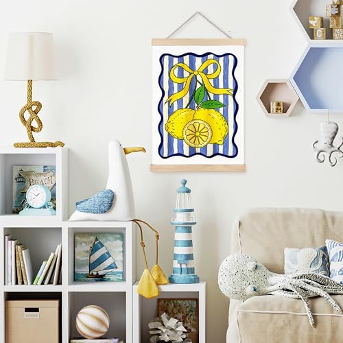 FDHSPAAM Coquette Yellow Bow Lemon Wall Art Decor, Lemon Home Decor, Blue and White Striped Fruit Wall Art Posters for Kitchen Dining Room Living Room Home, 12x16 Inch