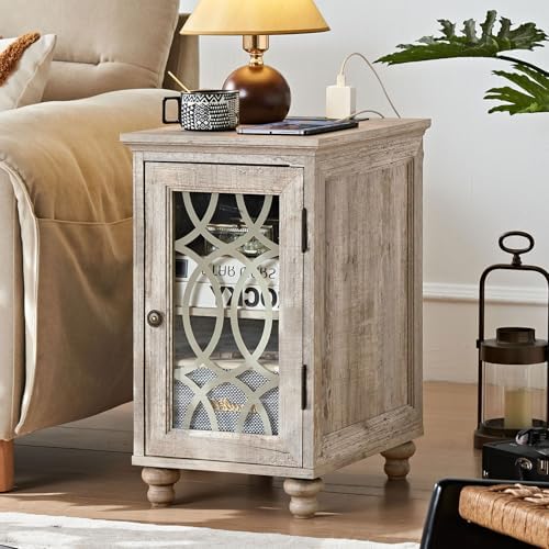 Joaxswe Narrow Side Table with Charger, Glass Door Storage