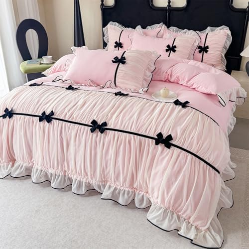 Ruffle Beddding Set with Bowtie,Girls Lace Bedding,Pink Queen Comforter Cover Set, Chic Ruffled Duvet Cover with Lovely Bow,Princess Style 1 Duvet Cover with 2 Pillowcases, No Comforter