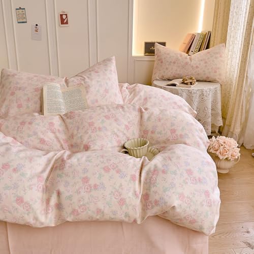 HighBuy Cotton Muslin Duvet Cover Twin XL Size for Teen Girls,Cottagecore Pink Floral Print Bedding Set 3 Pieces,Soft Breathable Princess Gauze Cotton Comforter Cover for Girls Kids Toddlers
