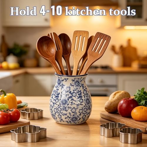 Kitchen Ceramic Utensil Holder 6" Chinoiserie Blue Floral Utensil Crock for Countertop Cooking Tools Storage Organizer for Spatula Spoon Farmhouse Decor Housewarming Gift