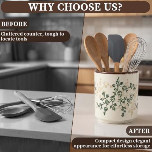 Kitchen Ceramic Utensil Holder 5.5" Rustic Floral Crock Tools Storage
