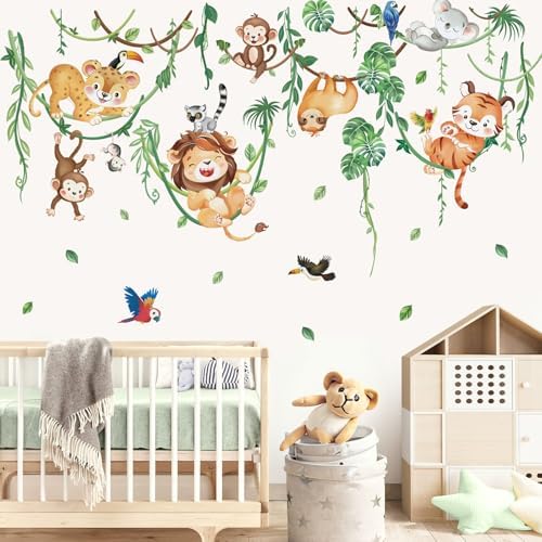 wondever Jungle Animals Climbing Tree Wall Decals Lion Tiger Wall Stickers