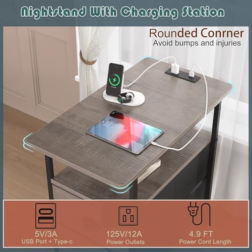 sthmec End Table with Charging Station, Narrow Side Table with 2 Drawers, Nightstands with Drawers, USB Ports & Power Oulets,Slim Sofa Side Tables for Small Spaces,Living Room,Bedroom, Grey