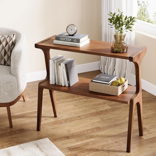Tribesigns Solid Wood End Table, 2-Tier Farmhouse Side Table with Storage Shelves, Slim Side Table for Couch with Unique Legs, Long Bedside Table for Bedroom, Living Room, Rustic Brown