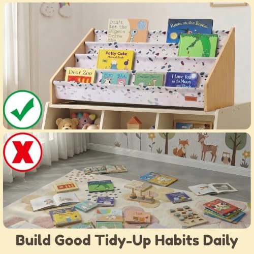 PERFNIQUE Montessori Kids Bookshelf, Wooden Front-Facing Baby Bookcase Organizer for Toddlers, 4-Tier Sling Decorative Book Rack with Deep Pockets for Kid Rooms, Nursery, Playroom & Reading Corner