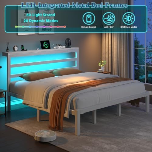 King Bed Frame with Charging Station and LED Lights Headboard,White